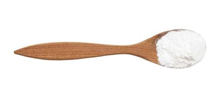 top view of baking powder in wood spoon isolated photo