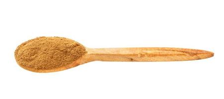 wooden spoon with cinnamon powder isolated photo