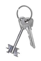 pair of door keys on keyring isolated on white photo