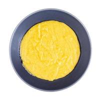 top view of cooked polenta in gray bowl isolated photo
