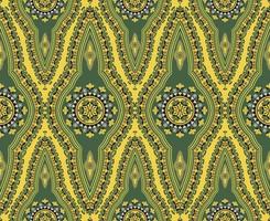 étnico africano occidental dashiki colorido verde forma floral abstracta patrón sin costuras sobre fondo amarillo. uso para telas, textiles, elementos de decoración de interiores, tapicería, envoltura. vector