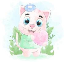 Cute doodle a cat with watercolor illustration vector