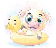 Cute doodle a cow is swimming with watercolor illustration vector