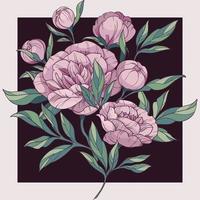 Vector illustration of a square frame and a bouquet of pink peonies. Hand drawing sketch lines of flowers and leaves.