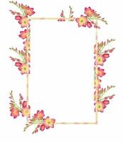 Watercolor illustration Square frame with green leaves and red freesia bouquet, branch with buds for greeting cards, invitations, and other printing projects. vector