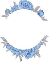 round  frame with blue peonies flowers, Hand drawn vector illustration
