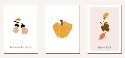 Autumn mood greeting card poster template. Welcome fall season thanksgiving invitation. Minimalist postcard nature leaves, trees, pumpkins, abstract shapes. Vector illustration in flat cartoon style