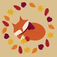 Flat autumn fox with leaves vector