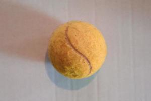 Colorful tennis ball in front of a white paper background photo