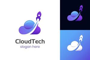 Rocket cloud vector logo with gradient color style, illustration cloud and rocket launch symbol icon design for astronomy, digital technology business company