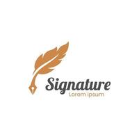 Feather pen write sign logo template, signature gold quill signature logo vector