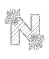 Alphabet coloring page with floral style. ABC coloring page - letter N Free Vector