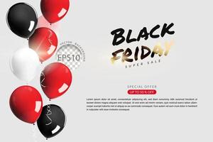 concepto de súper venta de viernes negro, globo rojo blanco y negro con cuerda flotando sobre fondo blanco, diseño horizontal. ilustración vectorial realista 3d vector