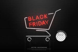 venta de viernes negro. signo de carro de compras de neón en textura de pared de ladrillo. ilustración vectorial vector