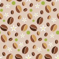 Seamless coffee beans pattern on beige with vanilla flowers and green circles. Retro background for digital paper, textile, banners vector