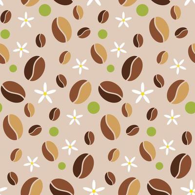 Seamless coffee beans pattern on beige with vanilla flowers and green circles. Retro background for digital paper, textile, banners