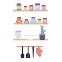 set of kitchen utensils on a shelf. vector