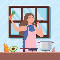 mujer cocinando con aguacate vector