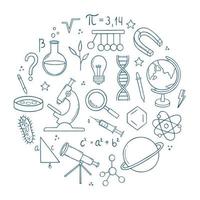 Set of Education and Science doodle. Formulas in mathematics and chemistry, laboratory equipment in sketch style. Hand drawn vector illustration