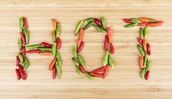 Top view colorful bird chilli with message HOT on wooden background photo