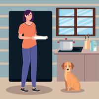 woman and dog in kitchen vector