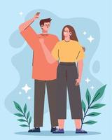young couple friends with leafs vector