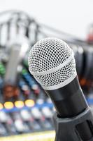 The microphone on tripod with mixer background in sound control room. photo