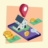 house and money in smartphone vector