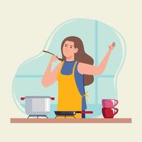 woman cooking wearing yellow apron vector