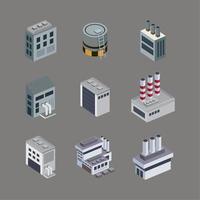 nine isometric industrial buildings vector