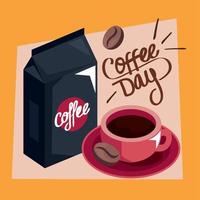 coffee day lettering with product bag vector