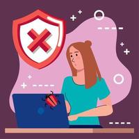 woman using laptop with shield vector