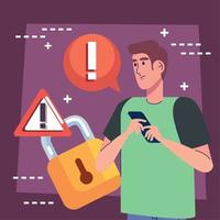man using smartphone with padlock vector