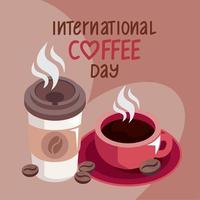 international coffee day lettering with containers vector