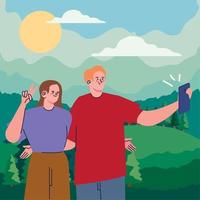 couple taking a selfie in the field vector