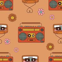 Groovy retro seamless pattern with tape recorder and cassettes. 1970 style. Vector illustration