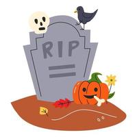 Memorial tombstone with halloween pumpkin. Jack lantern with evil smiling face and bone next to grave. Raven bird walking. Human skull showing scared expression. Hand drawn flat vector illustration