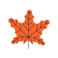 Orange autumn leaf with veins. Fall maple foliage season. Canadian national country symbol. Simple single maple leaf silhouette. Hand drawn flat vector illustration isolated on white background