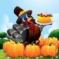 Thanksgiving Concept with Happy Turkey Brings Apple Pie vector