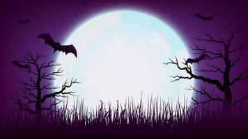 feliz fondo violeta púrpura de halloween con luna llena, árbol muerto y murciélago, ilustración vectorial vector