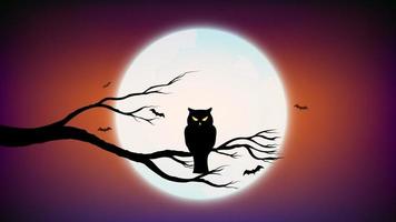 feliz halloween con búho sosteniendo la rama de un árbol y fondo de color violeta y naranja oscuro con luna llena vector