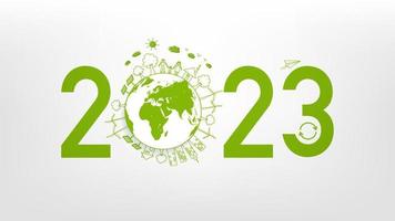 New year 2023 Eco friendly, Sustainability planning concept and World environmental with doodle icons, Vector illustration