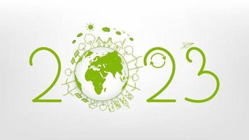 año nuevo 2023 respetuoso con el medio ambiente, concepto de planificación de la sostenibilidad y medio ambiente mundial con iconos de fideos, ilustración vectorial vector