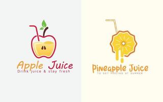 vector de juego de diseño de logotipo de jugo de fruta, jugo de bebida de piña con vidrio