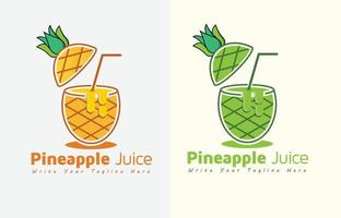 vector de juego de diseño de logotipo de jugo de fruta, jugo de bebida de piña con vidrio