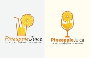 vector de juego de diseño de logotipo de jugo de fruta, jugo de bebida de piña con vidrio