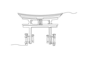 Continuous one line drawing Tori gate in Japan. Landmark concept. Single line draw design vector graphic illustration.