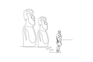 Continuous one line drawing young businessman travel to Moai on Easter Island in Chile. Landmark concept.  Single line draw design vector graphic illustration.