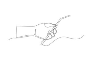 Single one line drawing hand hold metal tube for drinking. Zero waste concept. Continuous line draw design graphic vector illustration.