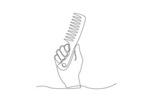 Single one line drawing hand hold wooden comb. Zero waste concept. Continuous line draw design graphic vector illustration.